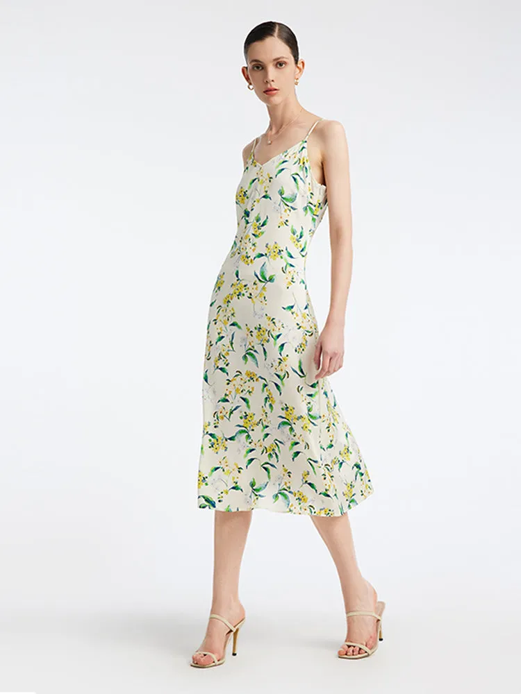 19 Momme Stretch Silk Floral Spaghetti Strap Midi Dress