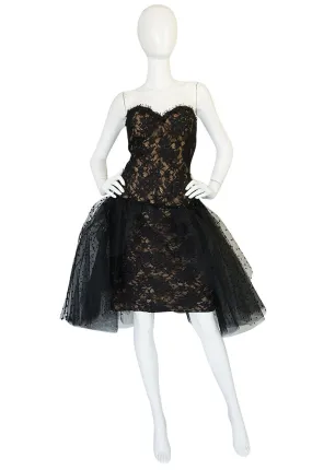 1980s Victor Costa Fitted Lace Dress w Dotted Tulle Overskirt