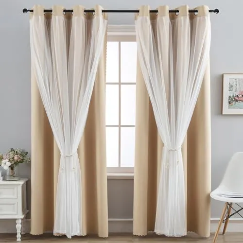 Anytime Home Curtains Blackout and Sheer Layered Solid Window Curtain Panel Pair with Grommet Top, 52Wx72L,Wine Red