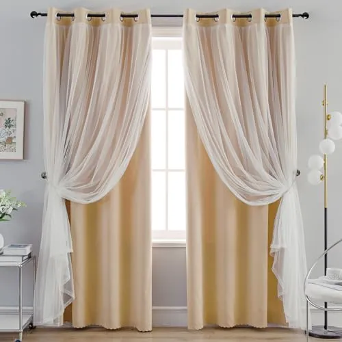 Anytime Home Curtains Blackout and Sheer Layered Solid Window Curtain Panel Pair with Grommet Top, 52Wx72L,Wine Red