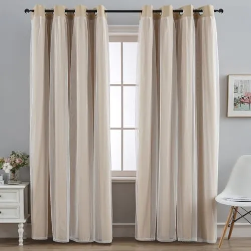 Anytime Home Curtains Blackout and Sheer Layered Solid Window Curtain Panel Pair with Grommet Top, 52Wx72L,Wine Red