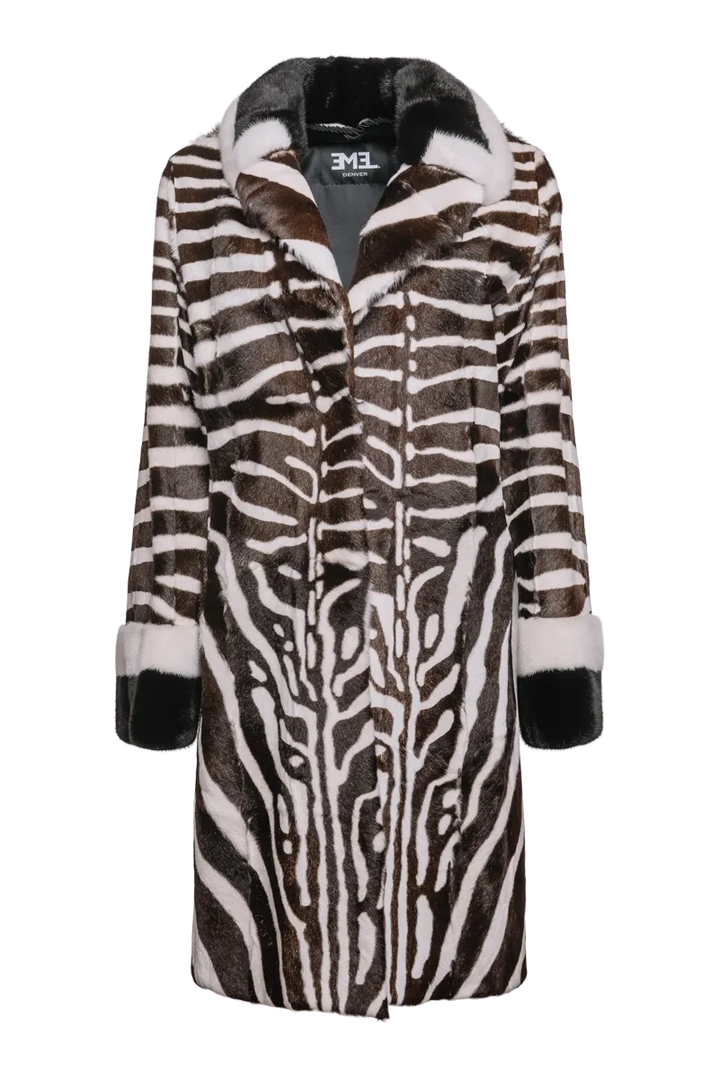 Black/Brown/White Zebra Print Kid Skin & Mink Fur Coat