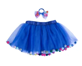 Blue Tutu For Girls | Pom Pom Tutu and Bow Hair Tie | 2Pcs Set