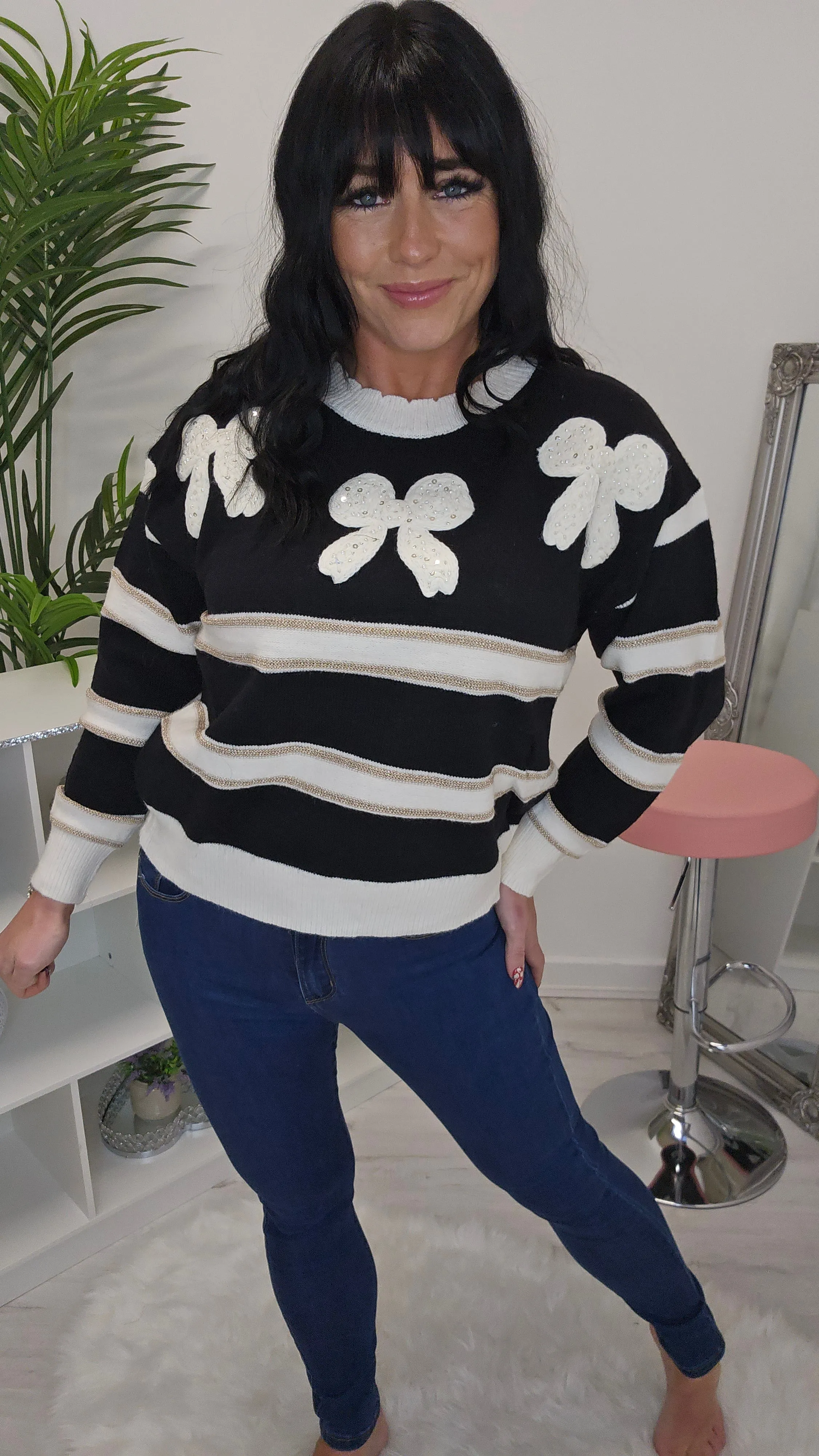 Bow Jumper with Pearls & Sequins - (choose your Colour & Size)