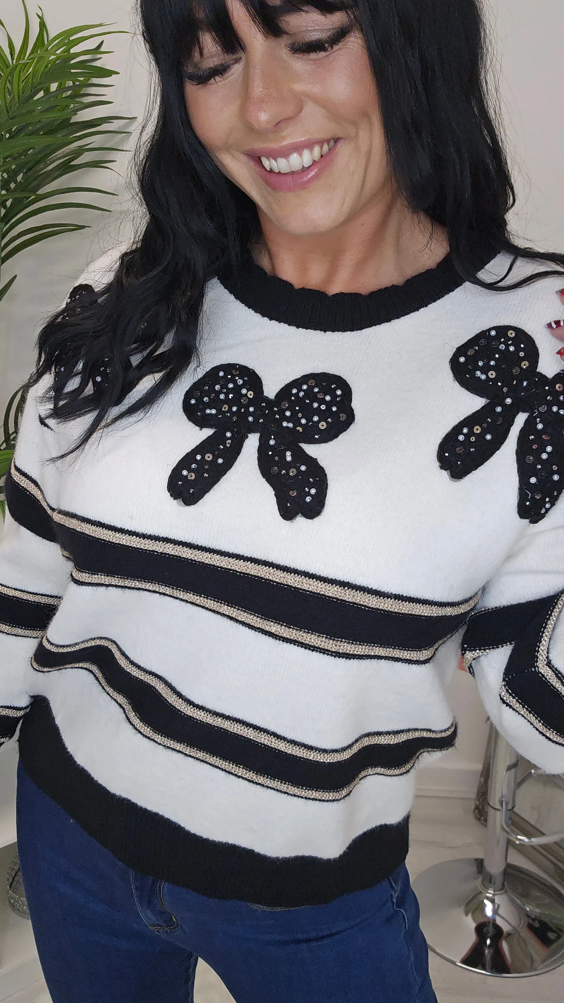 Bow Jumper with Pearls & Sequins - (choose your Colour & Size)