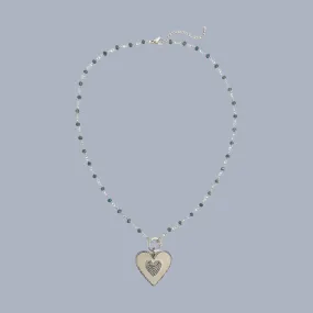 Brass YGP CZ 24" Beaded Necklace with Heart Pendant