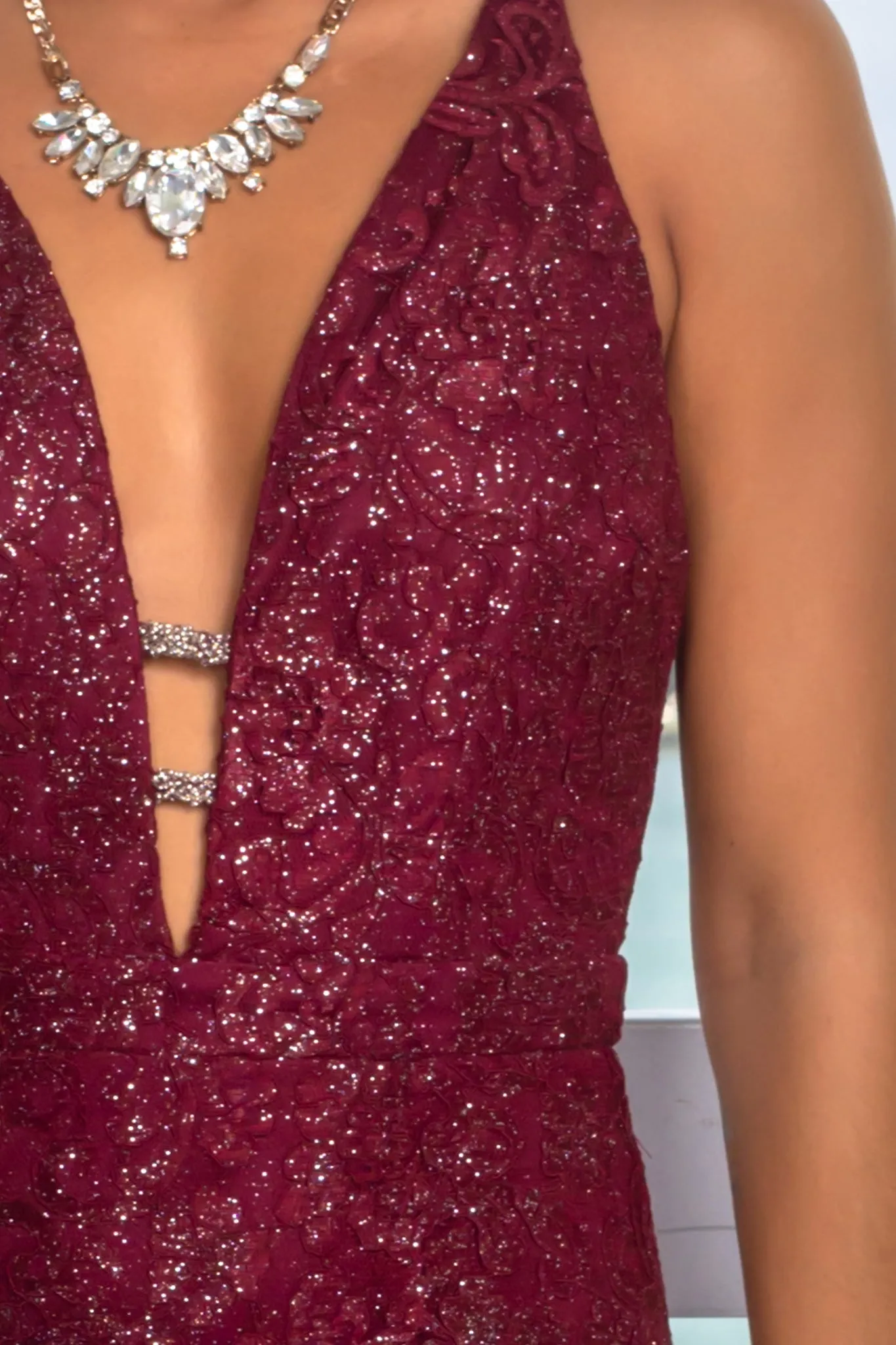 Burgundy Lace Maxi Dress with Shimmer Detail