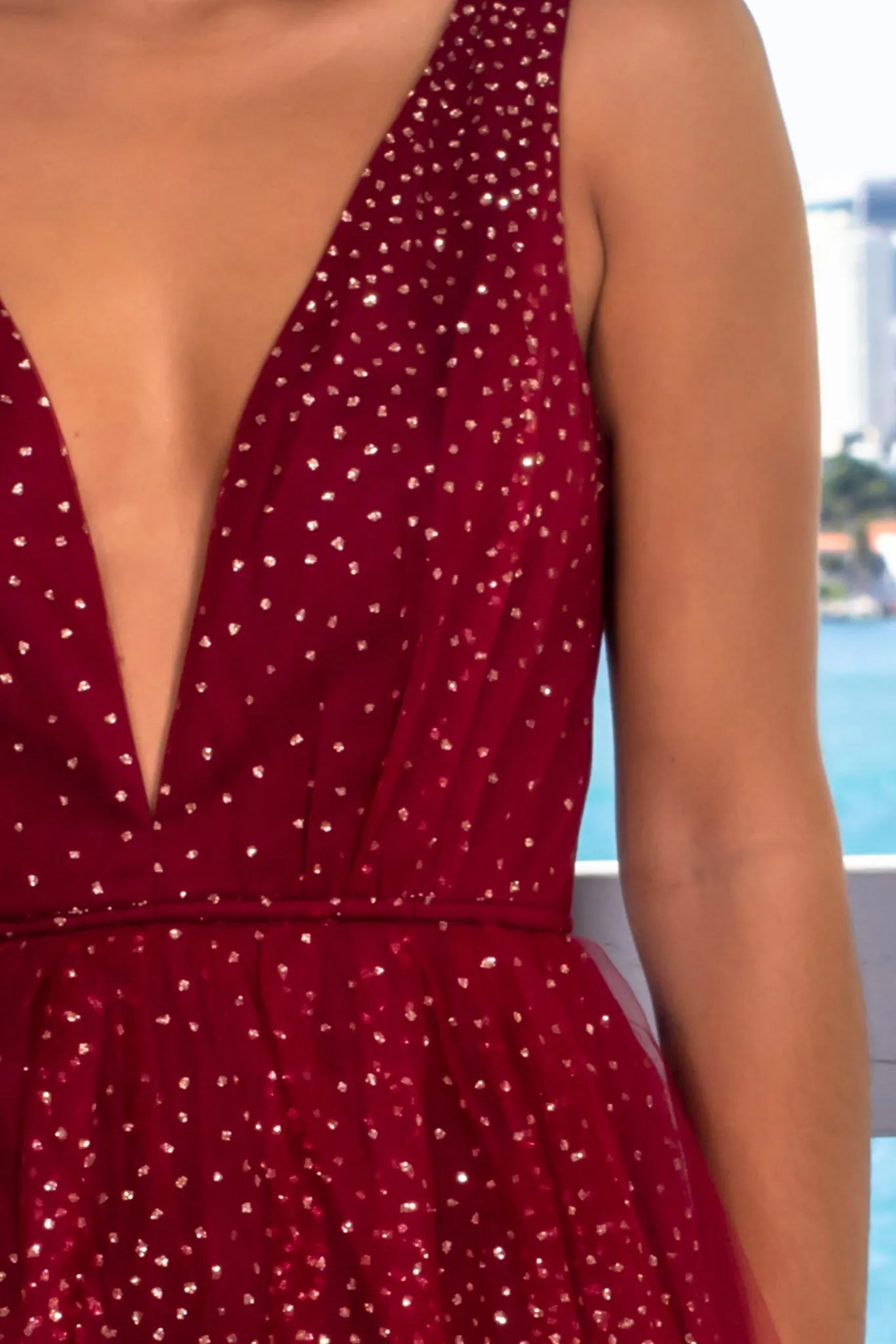 Burgundy Tulle Maxi Dress with Glitter Detail