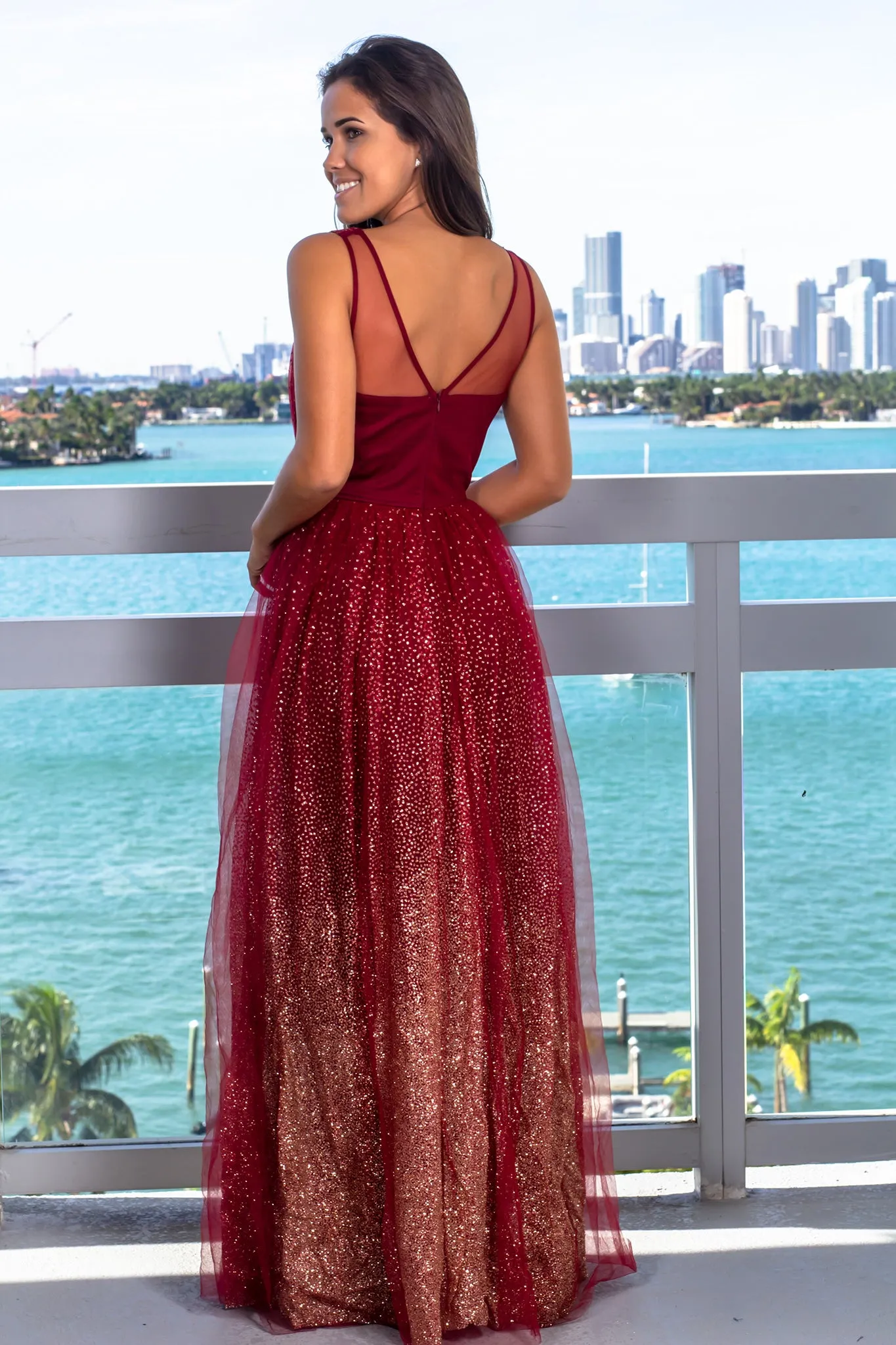 Burgundy Tulle Maxi Dress with Glitter Detail