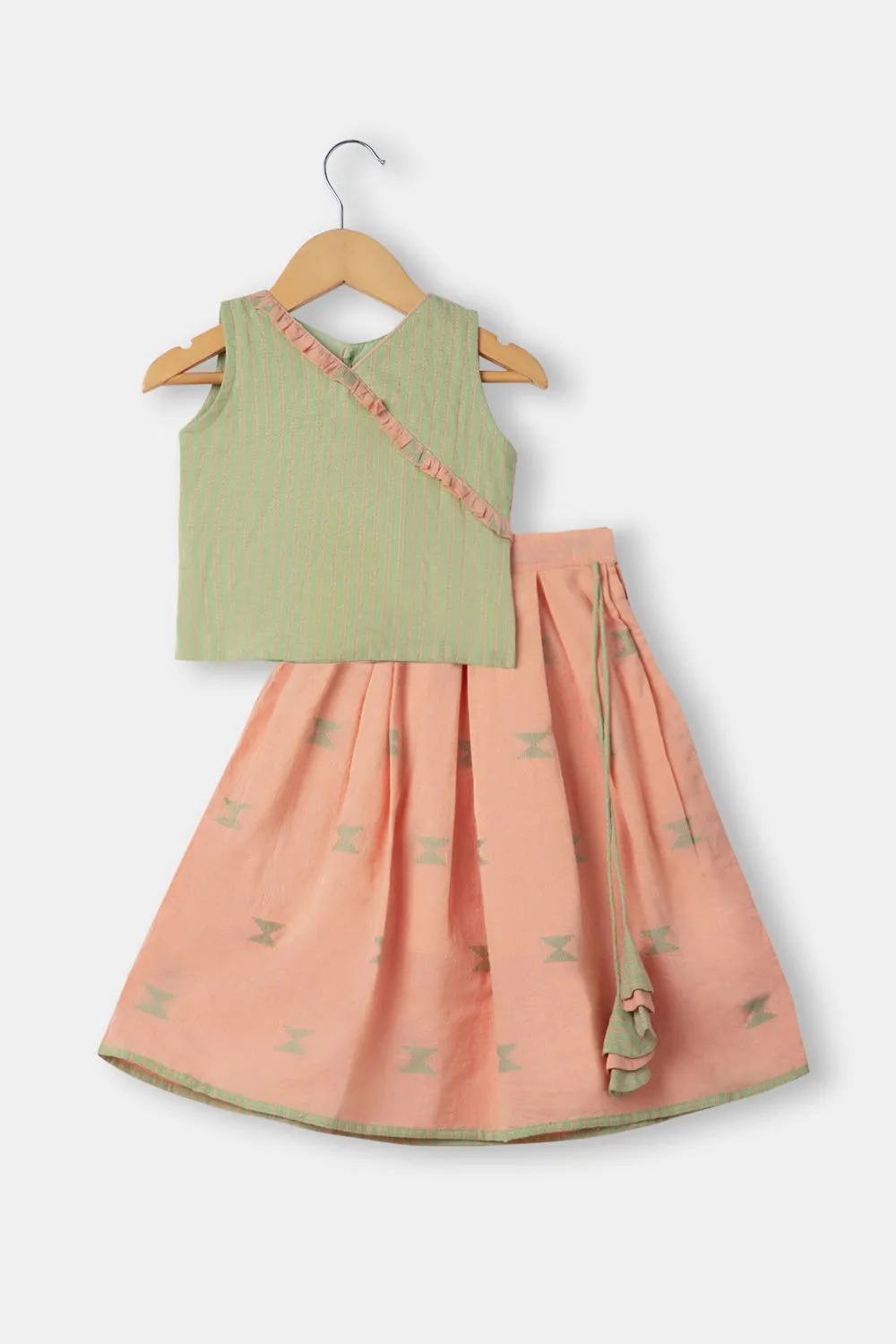 Chittythalli Girls Ethnic Pavadai Set With Sleeveless Top And Box Pleat Skirt - Orange - PS72