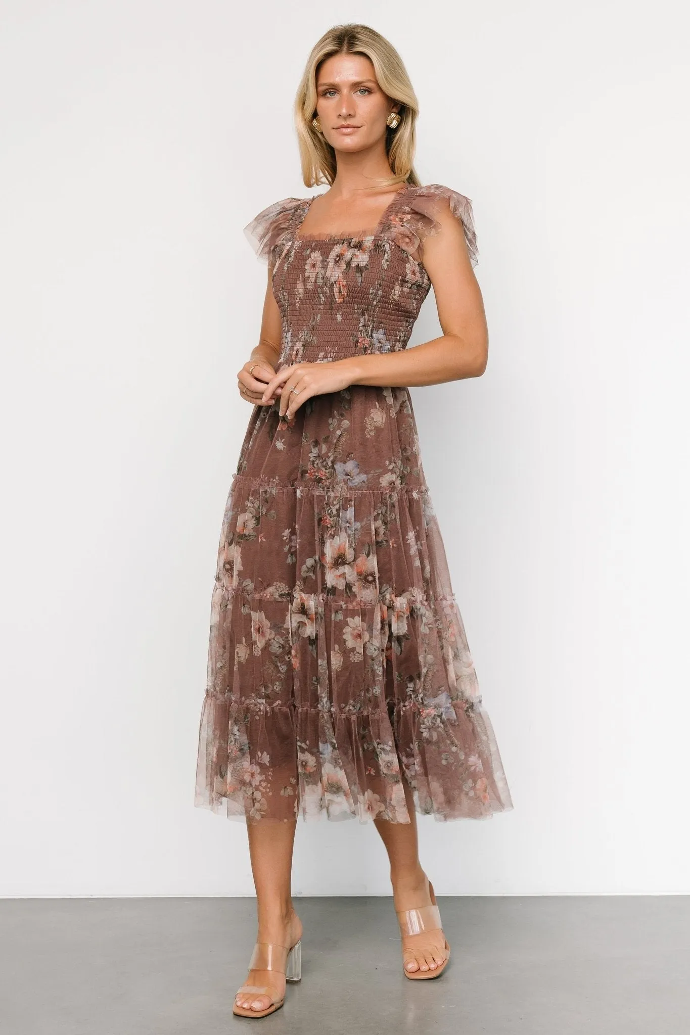 Clementine Tulle Midi Dress | Vintage Taupe Floral
