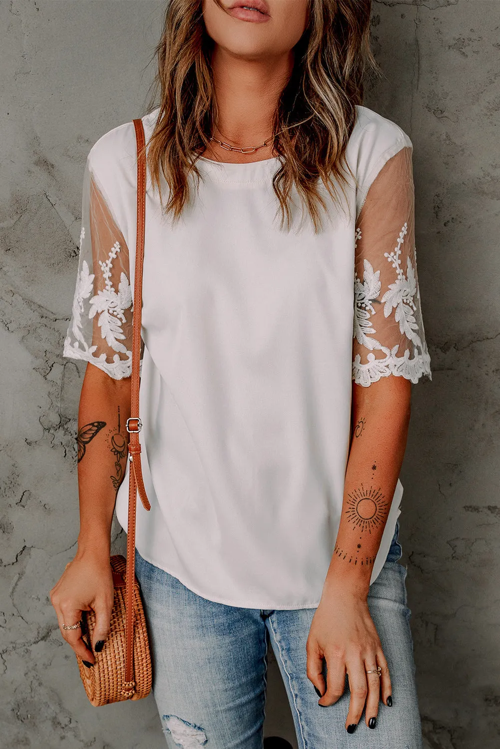 Floral Lace Sleeve Patchwork Top