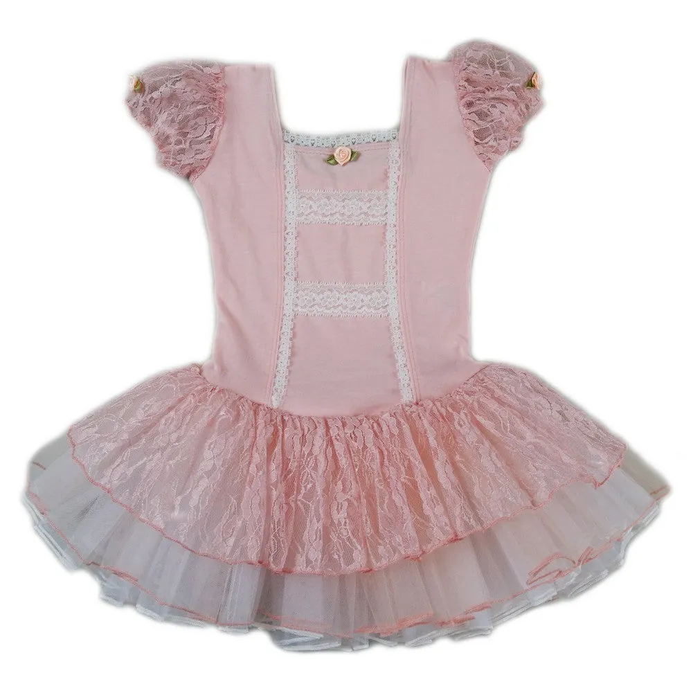 Girls Peach Lace Short Sleeve Fluffy Ballet Dress S (9-24M)-XL (6-8)
