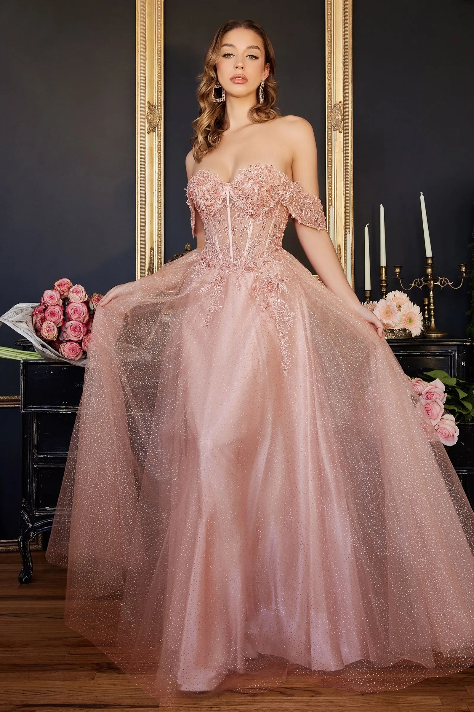 LACE A-LINE GOWN WITH OFF THE SHOULDER SLEEVES CDCD0198