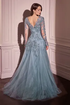 LACE LAYERED TULLE LONG SLEEVE GOWN CDMA108