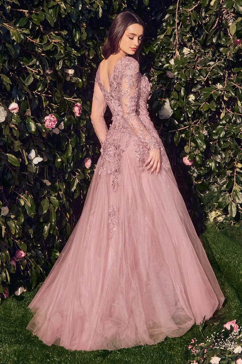 LACE LAYERED TULLE LONG SLEEVE GOWN CDMA108