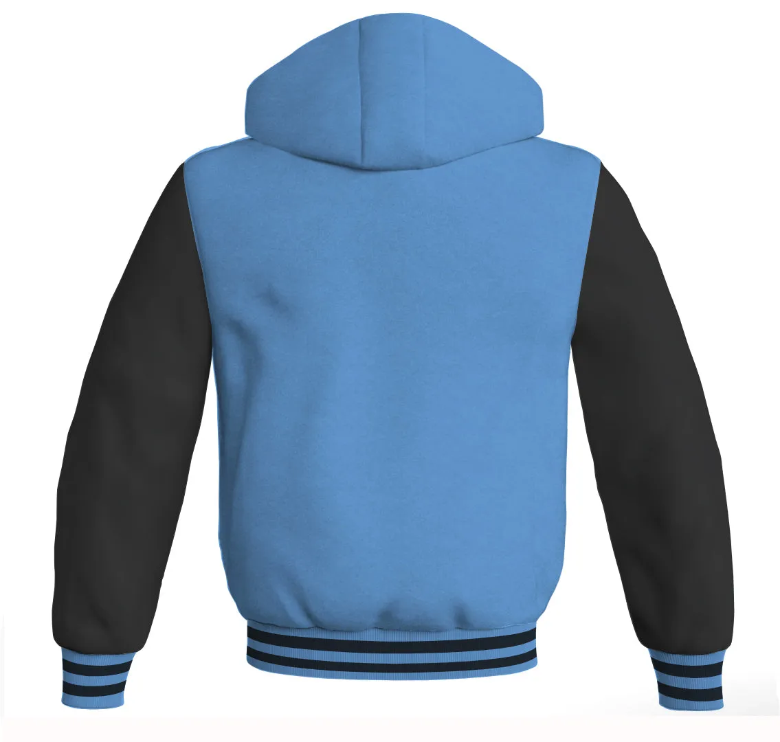Letterman Bomber Hoodie Jacket Sky Blue Body Black Leather Sleeves