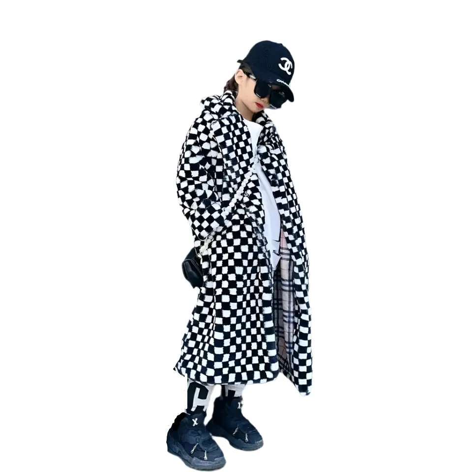 Long Checker Fur Coat