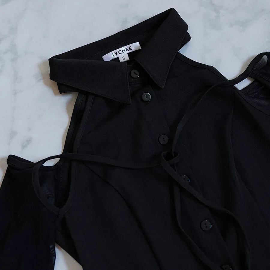 Longan Mesh Sleeve Button-Up Top