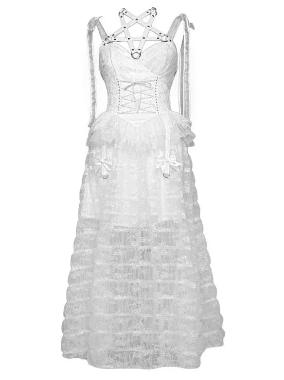 Mesh Sleeping Pentagram Gothic Lace Suspender White Alice Dark Dress