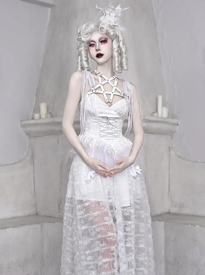 Mesh Sleeping Pentagram Gothic Lace Suspender White Alice Dark Dress