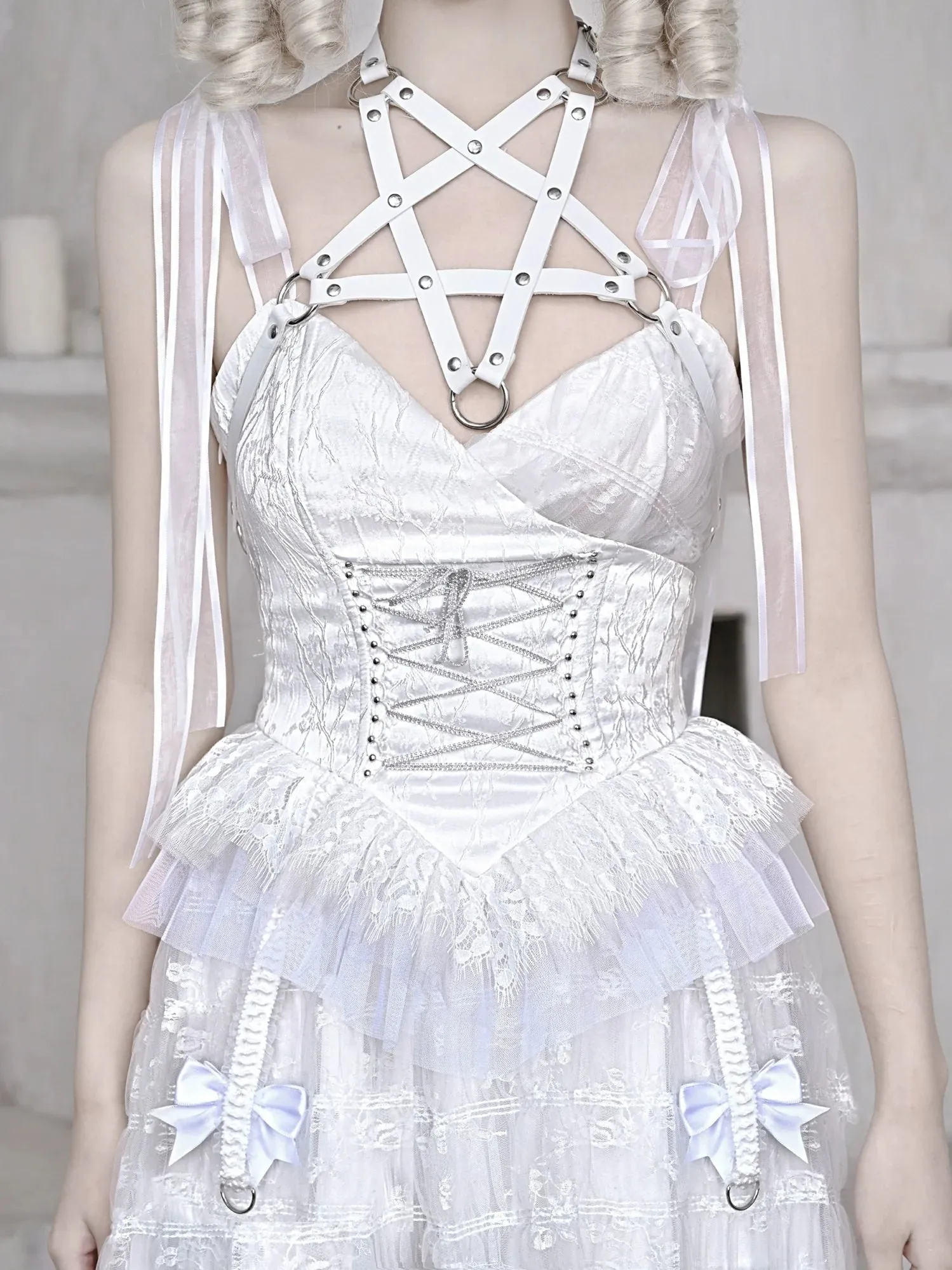 Mesh Sleeping Pentagram Gothic Lace Suspender White Alice Dark Dress