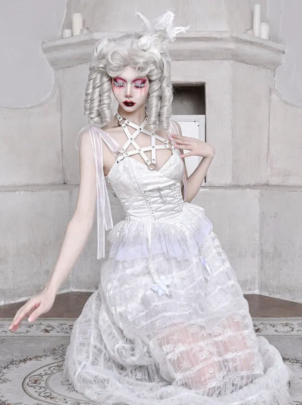Mesh Sleeping Pentagram Gothic Lace Suspender White Alice Dark Dress