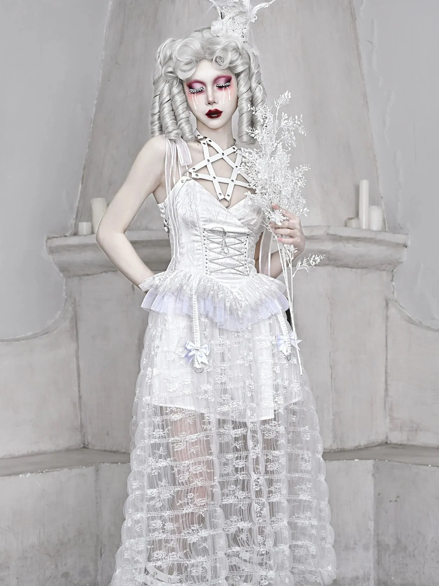 Mesh Sleeping Pentagram Gothic Lace Suspender White Alice Dark Dress