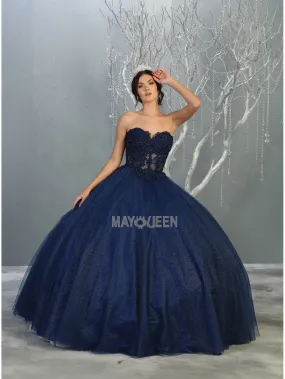 MQ LK141  - Strapless A-Line Quinceanera Ball Gown with Sheer Lace Appliqué Boned Corset Bodice & Layered Shimmer Tulle Skirt