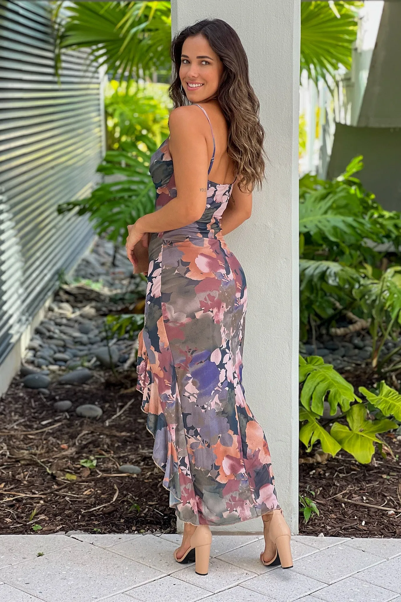 Navy Floral Mesh Ruffled Dress