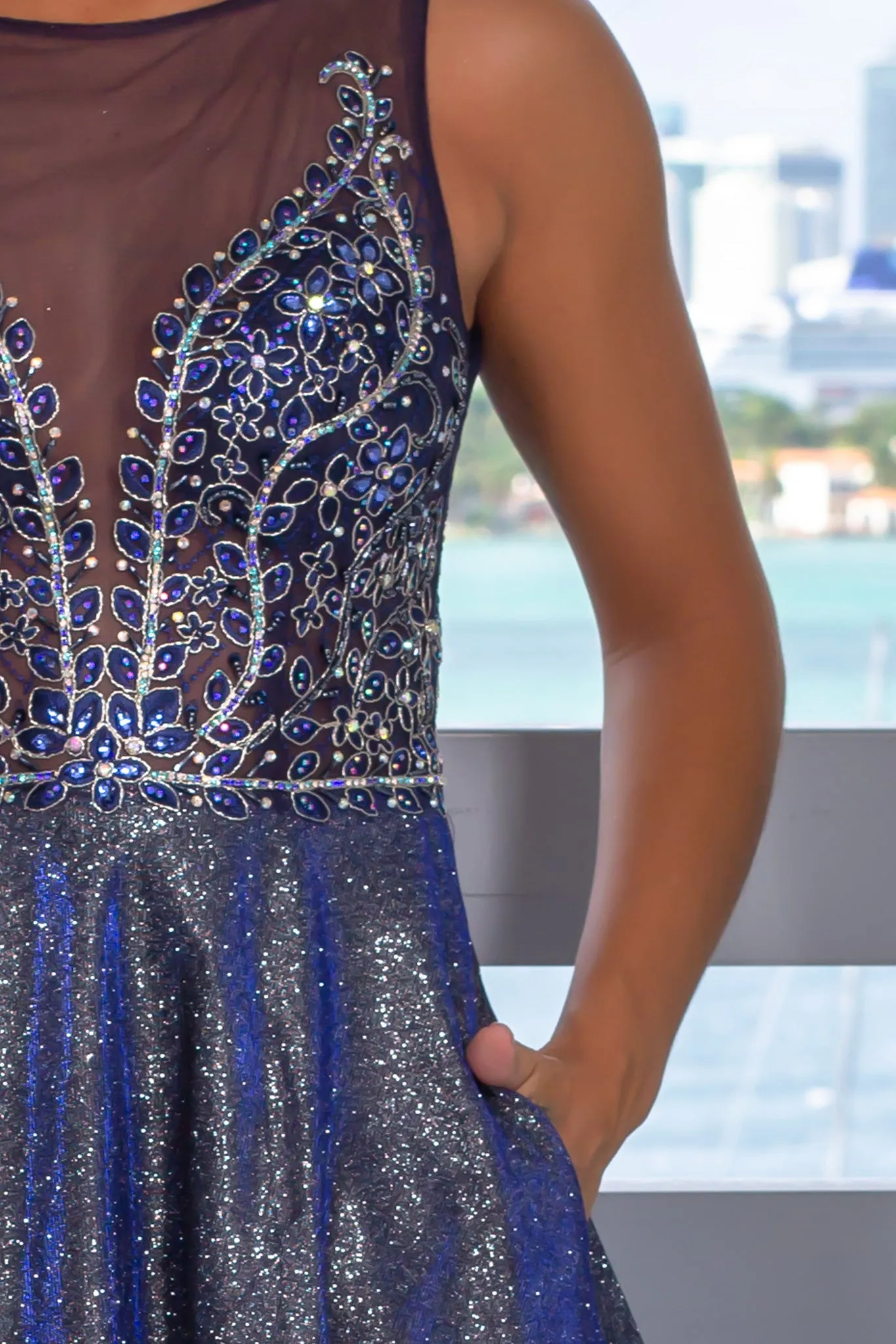 Navy Glitter Maxi Dress with Pockets