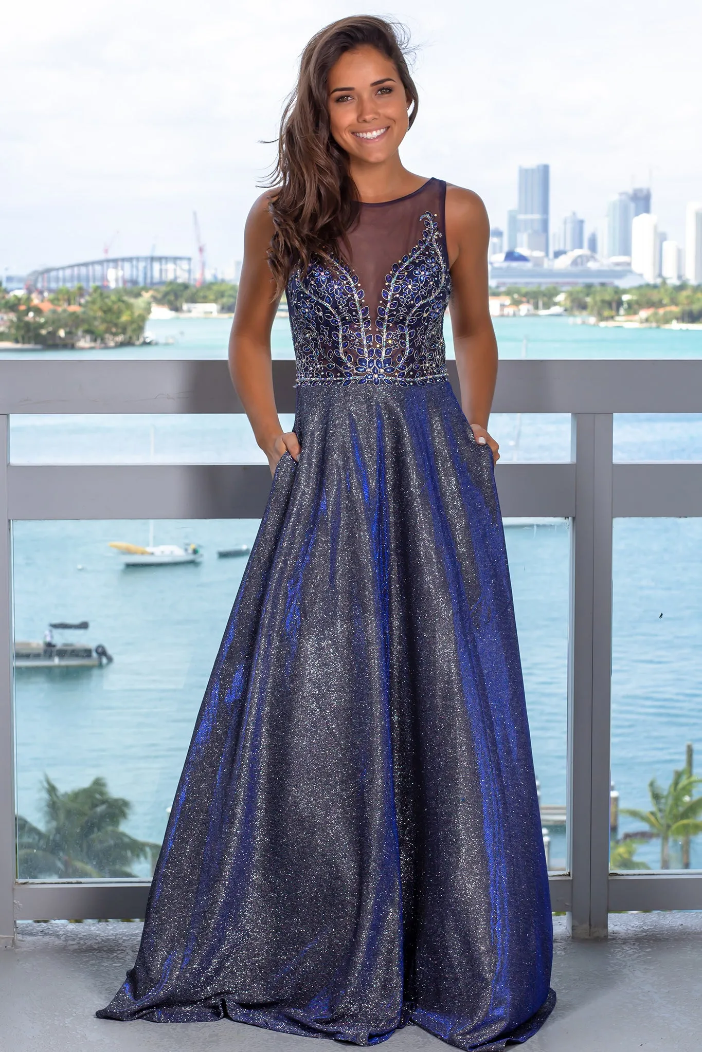 Navy Glitter Maxi Dress with Pockets