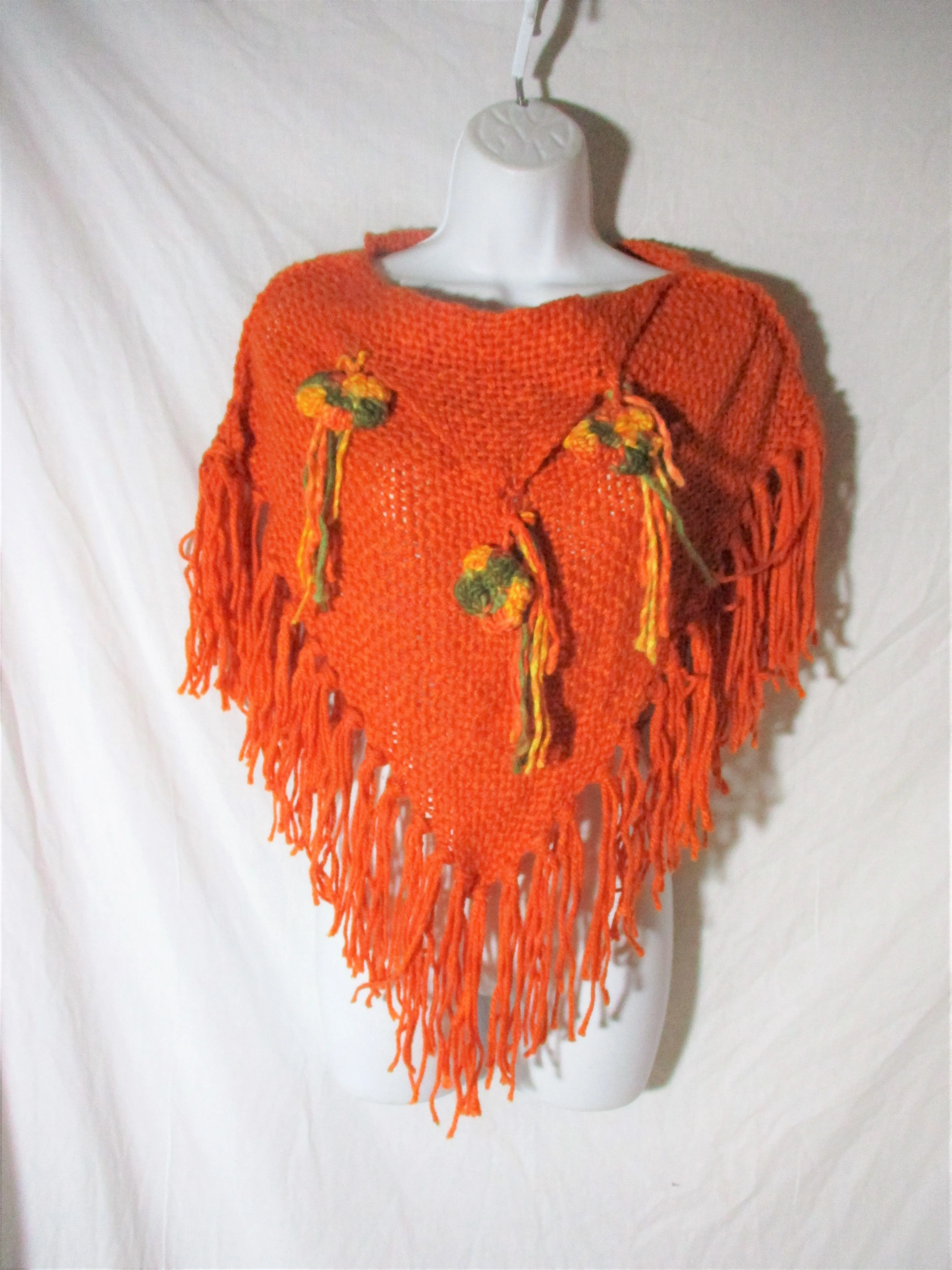 New ATELIER ADONAY Handmade LOOM Poncho Cape Jacket Hippie ORANGE OS FRINGE Ethnic