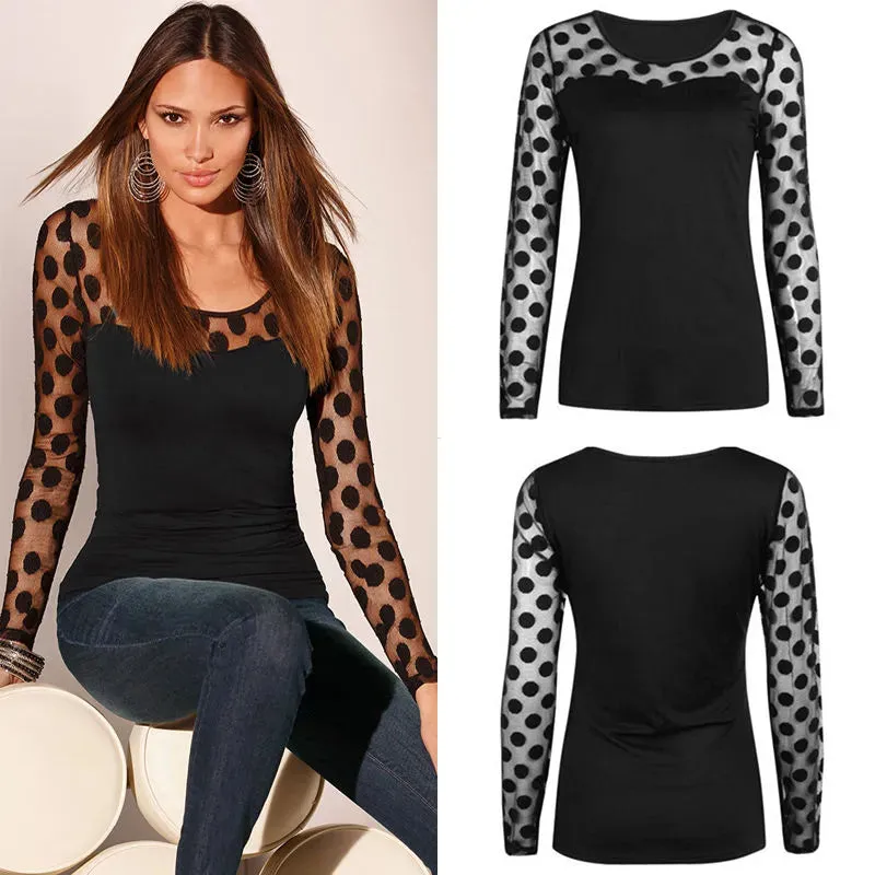 New Fashion Womens Ladies Long Sleeve Polka Dots Mesh Shirt Summer Casual Slim Blouse Tops Fashion Women Clothes