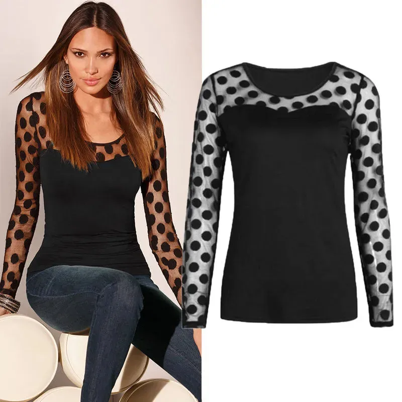 New Fashion Womens Ladies Long Sleeve Polka Dots Mesh Shirt Summer Casual Slim Blouse Tops Fashion Women Clothes