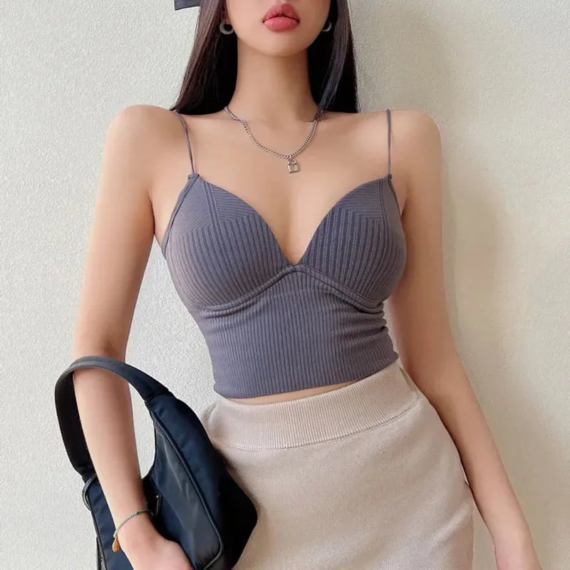 New Sexy Solid Women Chest Wrap Camisole Tank Top Slim Fit Vest Sleeveless V-neck Backless Camisoles Strap Chest pad Tops