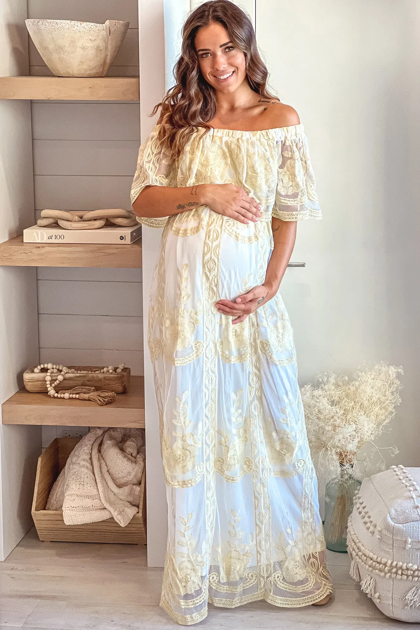 Off White Off Shoulder Gold Mesh Maternity Maxi Dress
