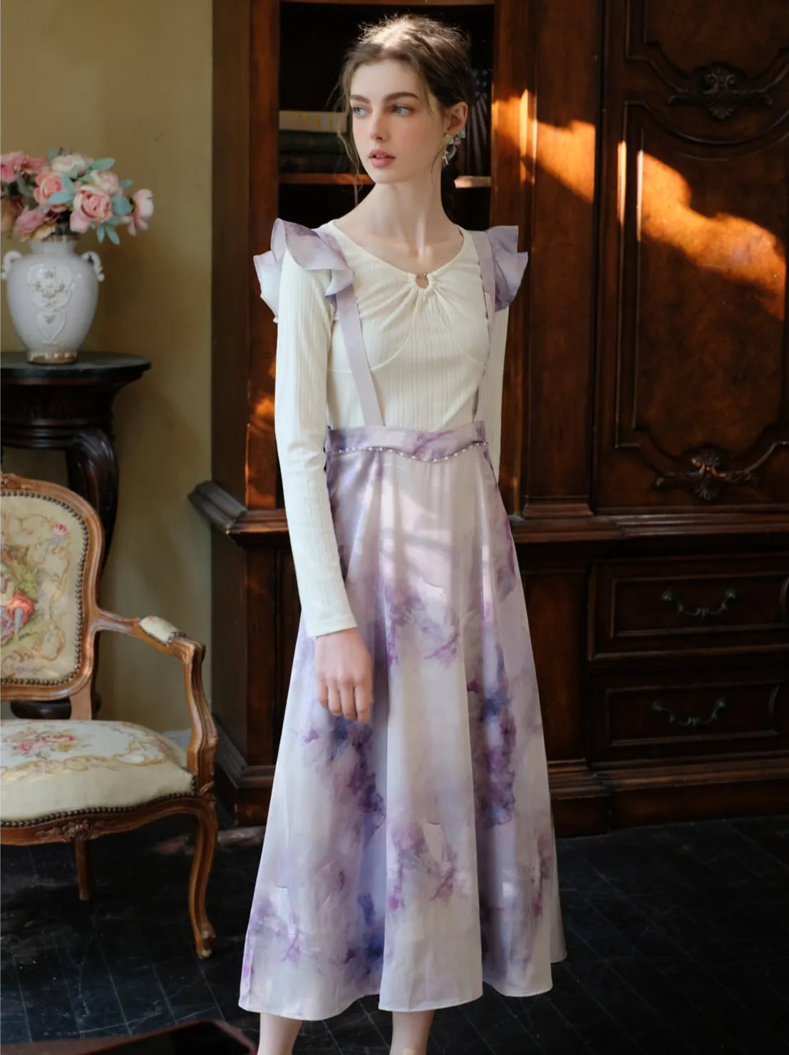 Paint Print Oil French Ruffle Skirt Strap