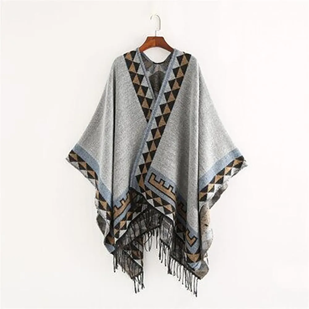 Retro Style Tassel Poncho Wrap Scarf with Tassels