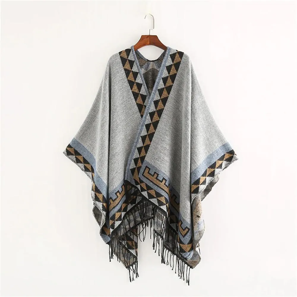 Retro Style Tassel Poncho Wrap Scarf with Tassels