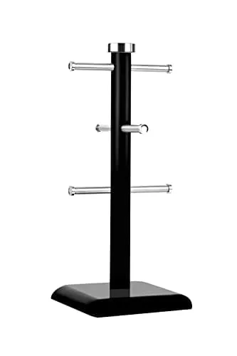 Set of 6 Cup Mug Tree Stand and Linear Kitchen roll/Paper Towels Holder Stainless Steel - Coffee Tea Cups Mugs draining Rack| Kitchen Storage Accessories (Black)