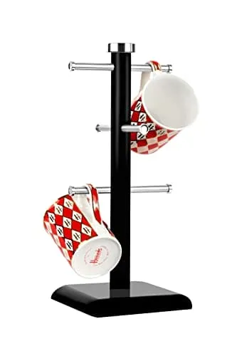 Set of 6 Cup Mug Tree Stand and Linear Kitchen roll/Paper Towels Holder Stainless Steel - Coffee Tea Cups Mugs draining Rack| Kitchen Storage Accessories (Black)