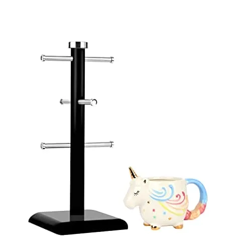 Set of 6 Cup Mug Tree Stand and Linear Kitchen roll/Paper Towels Holder Stainless Steel - Coffee Tea Cups Mugs draining Rack| Kitchen Storage Accessories (Black)