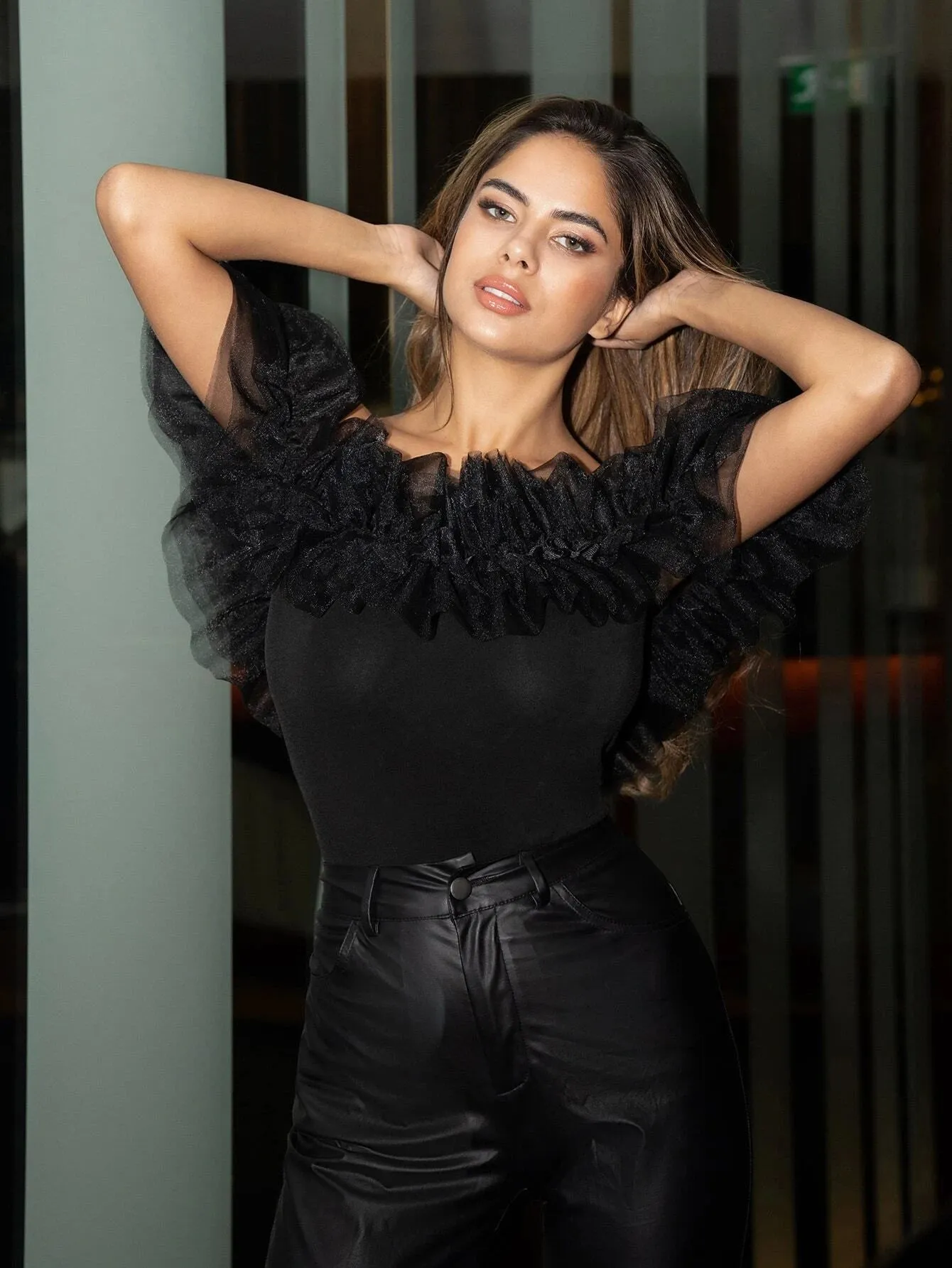 SHEIN BAE Exaggerate Layered Mesh Ruffle Trim Bardot Top
