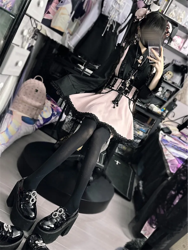 Skirt Suspender High Waist Lace-up Frilled