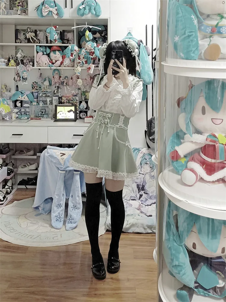 Skirt Suspender High Waist Lace-up Frilled