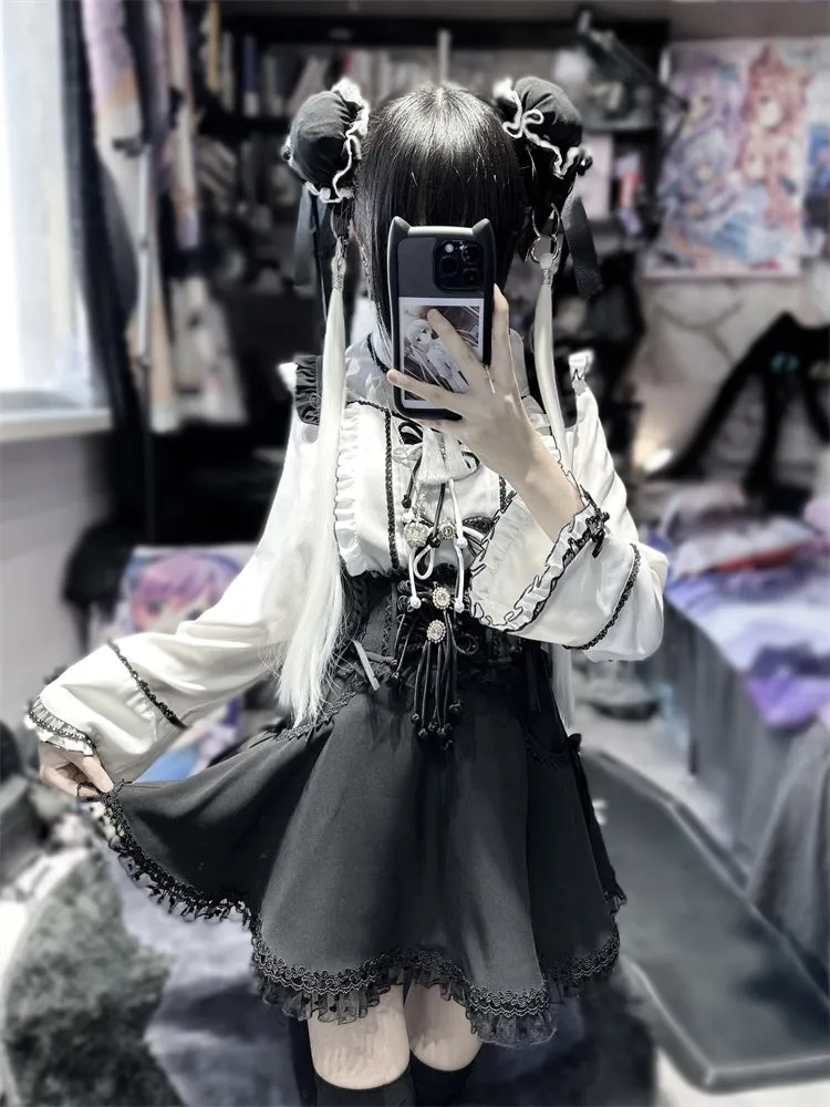 Skirt Suspender High Waist Lace-up Frilled
