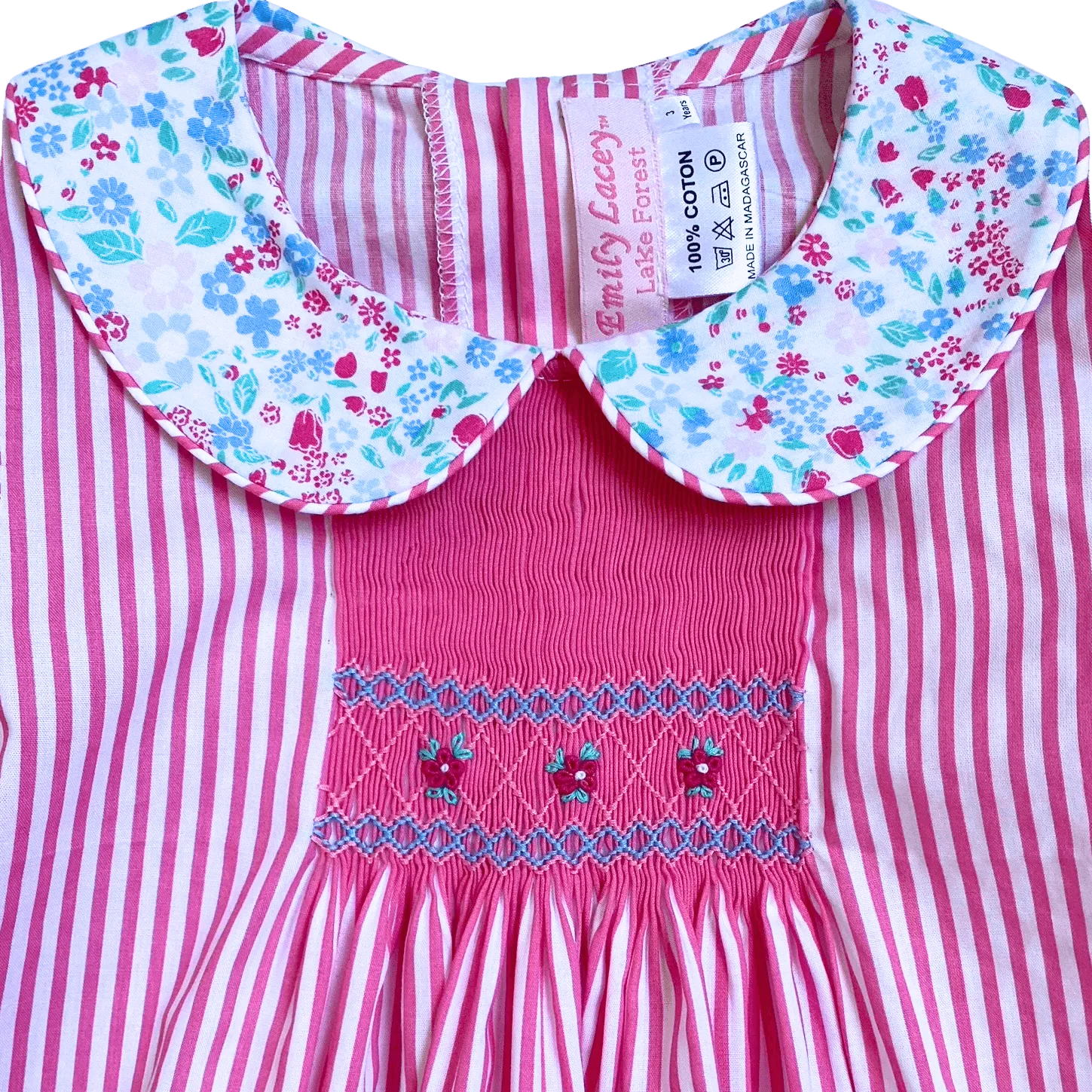 Smocked Pink Floral Stripe Dress