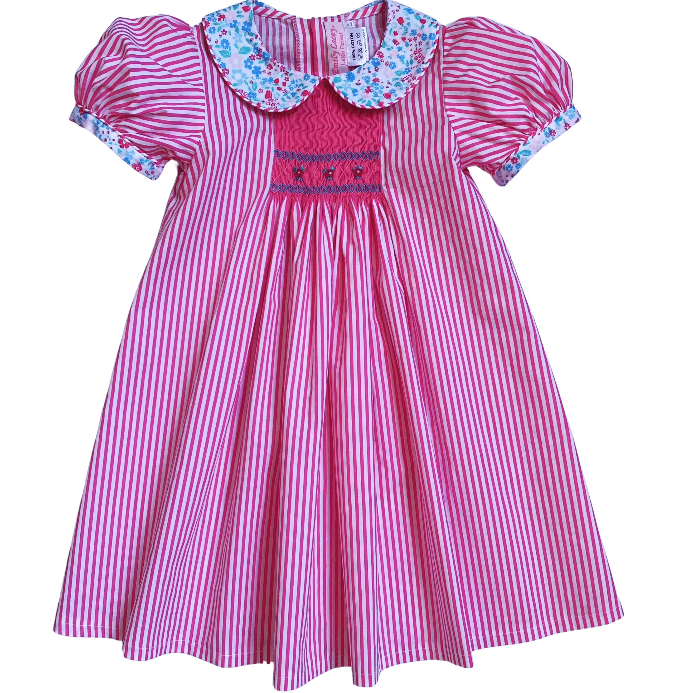 Smocked Pink Floral Stripe Dress