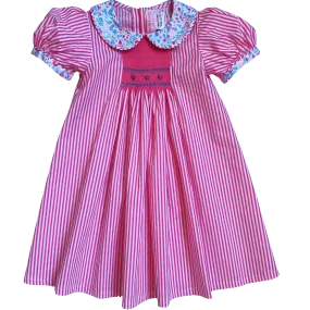 Smocked Pink Floral Stripe Dress